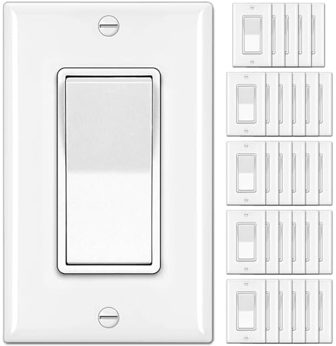 BESTTEN 30 Pack Single Pole Decorator Light Switch, Rocker Paddle Wall Switch, On/Off Interrupter, w/Wall Plate, 15A 120/277V, UL Listed, White