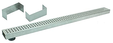 Entwässerungsrinne Edelstahl 1 Meter superflach mit Ablaufstutzen Rost Quadratlochung SET Typ 1, System 35/80