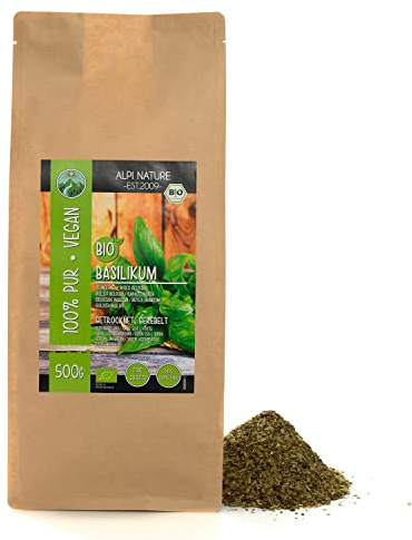 Torkad ekologisk basilika, gnuggad basilika, försiktigt torkad, från kontrollerad ekologisk odling, glutenfri, laktosfri, laboratorietestad, vegan, 100% naturlig utan tillsatser (500 GR)