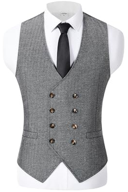 Solovedress Herren Jahrgang Anzug Weste Zweireihig Wolle Tweed Weste für Hochzeit Groomsmen(Grau,XL)