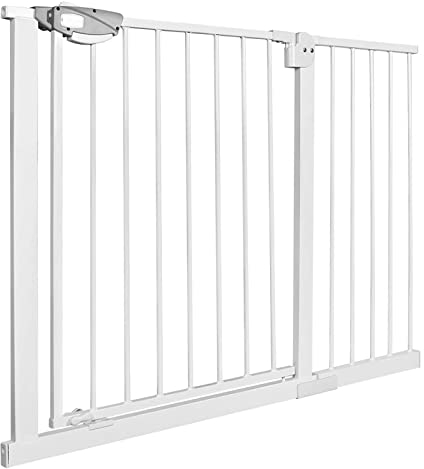 XMTECH Türschutzgitter Ohne Bohren Treppengitter für Kinder 105-115cm breit，Auto-Close Baby Türgitter Treppen Absperrgitter mit Druckbefestigung,Safety Gate, 180° Zweiwegeöffnung Weiß