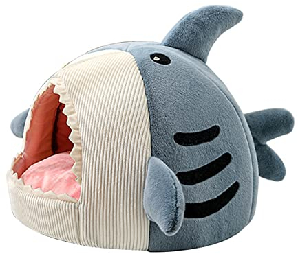 BEE&FLOWER Katzenhöhle Katzenbett Shark Design Katzenkorb Flauschig Kuschelhöhle Winterfest mit Anti-Rutsch Boden Katzenbox für Katzen und kleine Hunde Haustiere-blau L