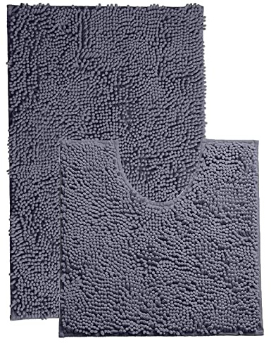 Pinkfairy Luxury Loop Chenille Bath Mat Sets - 2 Piece for Bathroom | Slip-Resistant Bath Mats Rugs, Extra Soft and Absorbent Toilet Anti Slip Shower & Bathtub Rug Sets (Dark Grey)