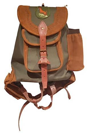 Mochila de caza, fabricada en lona, con canana, y botellero lateral