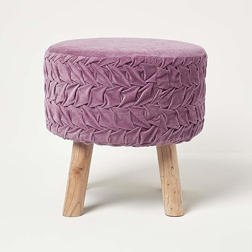 Homescapes Lyla Plissee-Hocker Mauve 41x40 cm, Samt-Hocker rund, Hocker mit Holzbeinen