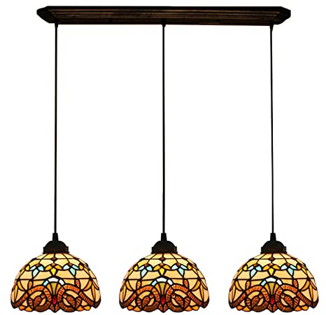 Tiffany Style Barock Pendellampa, 8 tums ljuskrona i målat glas för matsalen, justerbar höjd Vintage hängande lampa för Farmhouse Kitchen Island Dekor, 3 ljus rektangel
