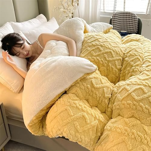 TUCVZVO Bettdecke 220X240 Winterdecke,Winter Steppdecke Dicker Lamm-Kaschmir, Decke, Flauschige Kaschmir-Steppdecken, Winterwarm, Kern Aus Lammsamt,Gelb,220X240 5KG