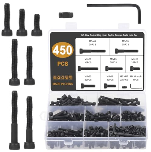 Gueenky 450 Stück Innensechskant Schrauben Kohlenstoffstahl, M5 x 12/16/20/25/30/35/40mm Zylinderschrauben mit Innensechskant Maschinenschrauben Schwarz Schrauben mit Muttern und Sechskantschlüssel