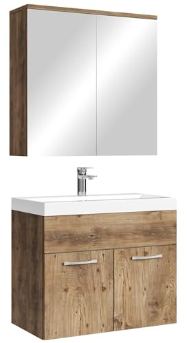 Badplaats Badmöbel Komplettset Montreal 60 x 35 cm Braun Eiche - Badezimmermöbel mit Waschbecken und Spiegelschrank