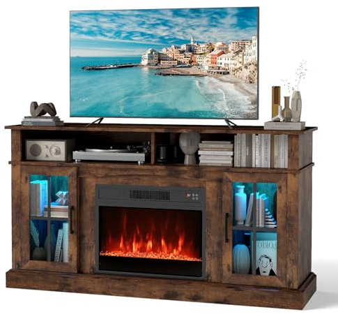 COSTWAY Electric Fireplace Insert TV Stand, Entertainment Center Console Table with Adjustable Flame, Overheat Protection Fire Heater & Remote (Brown, with RGB LED Lights, 23” Fireplace, for 65” TV)