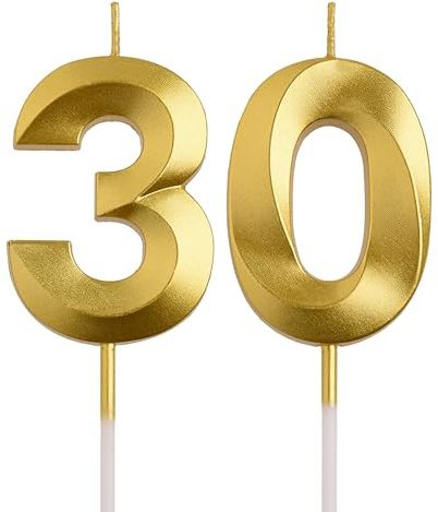AOOLADA 30th Birthday Candles, Gold 30 Year Old Number Birthday Candles, Number 30 Candles for Men Women, Happy Birthday Party Decorations Cake Topper Gifts for Wedding Anniversary Celebration