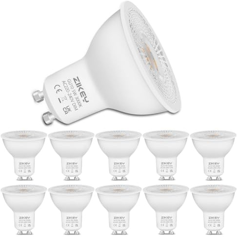 ZIKEY GU10 LED Warmweiß, 5W LED Dimmbar Leuchtmittel, 450 Lumen 3000K Birnen, ersetzt 50W lampen, GU10 Energiesparlampe, 220-240V AC, 38° Abstrahlwinkel Spot, 10er Pack