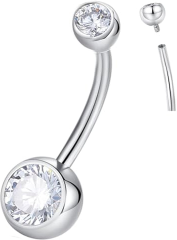 ORANGELOVE G23 Titanium Belly Button Ring CZ Round Cubic Zirconia Internally Threaded Belly Button Navel Piercing Ring Silver 14G 14mm Belly Body Piercings Barbell Jewelry Navel Ring for Women Men