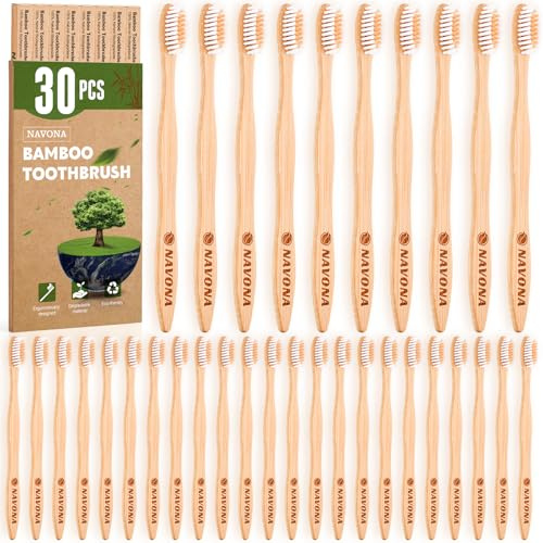 Navona 30 PCS Bamboo Toothbrushes Pack, BPA Free Medium Soft Bristles Toothbrushes for Adults, Eco-Friendly Natural Wooden Toothbrush Bulk, Box of Two Reusable Travel Toothbrush