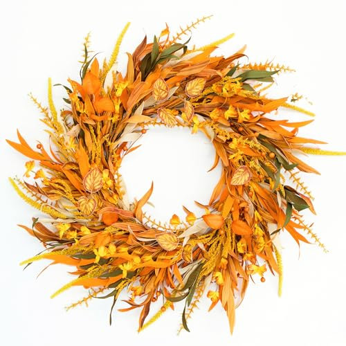 Perfnique 60cm Autumn Wreath for Front Door, Large Harvest Wheat Wreath for Porch, Indoor Outdoor Window Wall Decoration, Seasonal Farmhouse Fall Thanksgiving Halloween Décor (Orange Wheat)