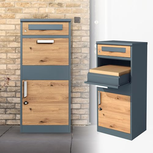 ML-Design Paketbriefkasten aus verzinktem Stahl in Anthrazit-Eiche Optik, 50x112x37 cm, abschließbar, 2 Schlüssel, Standbriefkasten Paketbox Postkasten Paketkasten, für Pakete, Warensendungen, Briefe