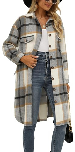 Jhsnjnr Dam flanell rutig jacka oversize långärmad kavajknäppning rutig skjorta bomull lång skjortjacka kappa, Aprikos khaki, L