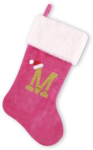 BELISHMIE 20-inch Personalized Pink Faux Velvet Stocking with Embroidered Gold Letter – Luxurious Christmas Decoration and Gift, Plush Finish (Pink-M)