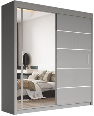 SERENITY SELECTION Modern Wardrobe with FULL Length One Side Mirror- 2 & 3 Sliding Doors wardrobe, Adjustable Shelves, Hanging Rails, and Ample Storage Space - Stylish Bedroom Furniture (Grey, 180cm)
