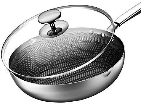 CAFIEDR Sartén para saltear Profunda, sartén Antiadherente de Acero Inoxidable, Olla de Doble Uso, sartén para el hogar, Olla para Tortillas de 30 cm