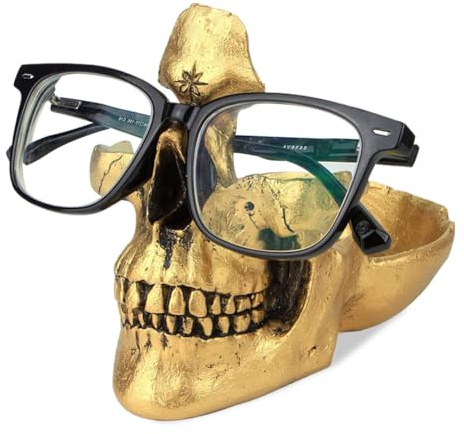 FOGARI Schädel Brillenhalter Stand mit Storage Tray,Totenkopf Organizer,Harz Schädel Kopf Skulptur Statue Home Office Desk Decor Geschenk(Gold)