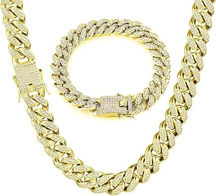 GIHENHAO Cuban Link Chain for Men, Gold Necklace and Bracelet, Miami Cuban Chains, Bling Diamond Chain for Hip Hop Jewelry
