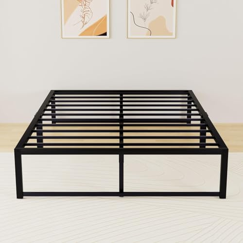VECELO Cadre de Lit 140 x 190 avec Sommier Métal, Espace de Rangement au Dessous, Moderne, Lit d'Invité, Montage Facile, Noir