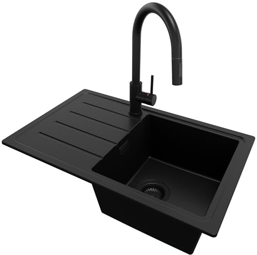PRIMAGRAN Fregadero Granito al Mueble 45cm + Grifo, 70x44cm | Set: Grifo BW9010 + Kit de desagüe (sifón, válvula, rebosadero) + Copenhague Easy 1 Seno para Cocina, Todo Negro