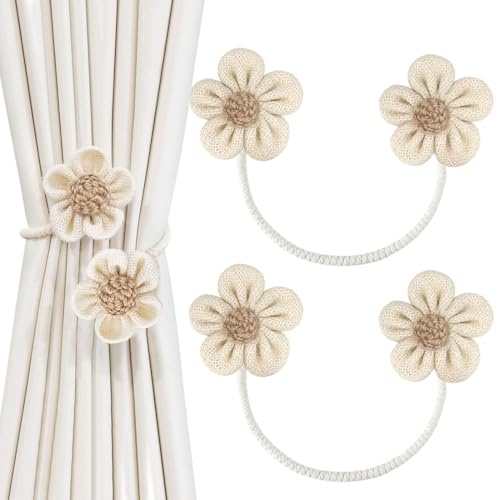 2 Pezzi Fermatenda per Tende, Eleganti Ferma Tende, Graziosi Fermatende Styling Floreale, semplicità Fermi per Tendaggi,calamite per tende,Calamite per Tende per Casa e Ufficio,paio fiore (Beige)