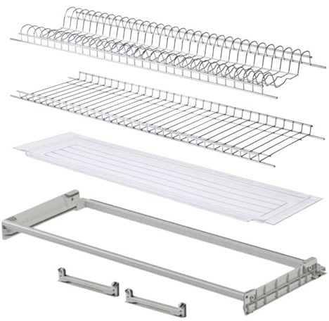 MAKKIORI Kit Scolapiatti con Telaio | Griglia piatti e bicchieri con Vaschetta Raccogligoccie per Pensili Cucina | Acciaio cromato | Kit Telaio con Staffe (86 cm per pensile 90)