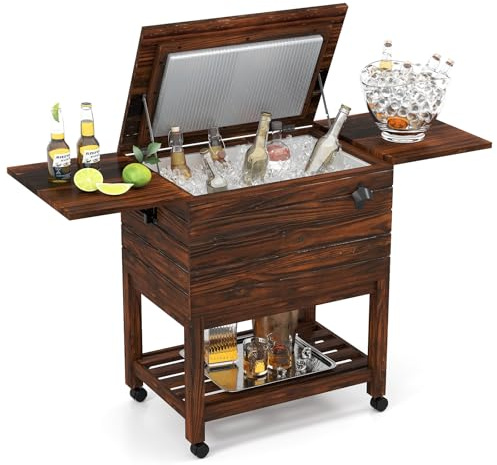 GOPLUS Desserte Glacière Bar Roulante, Chariot Jardin Exterieur roulettes avec 2 Plan Étendu Grande Capacité 50 L, Étagères de Rangement, Ouvre-Bouteille, Barbecue, Pique-Nique,127 x 42,5 x 74 cm