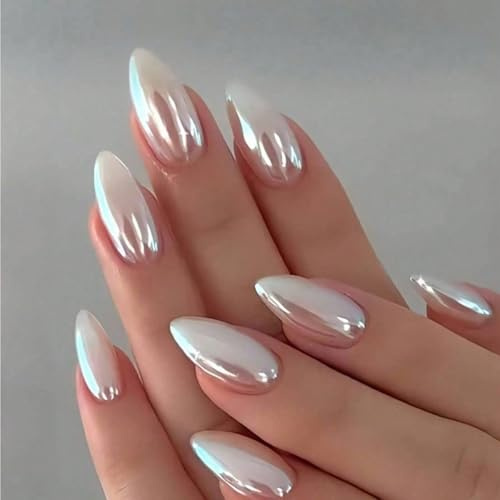 LunarCharm 24 pezzi di unghie bianche Aurora in forma mandorla media da premere, unghie artificiali di medie dimensioni, forma mandorla, bianco lucido, copertura completa