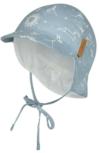 Sterntaler Schirmmütze Nackenschutz Sternbild – Leichte Kindermütze aus Baumwolle mit Sternenbildern, Gummi, Ohrenklappen, Bindebänder und Innenfutter, UV-Schutz 50+