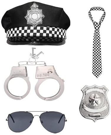 GWAWG 5 accesorios de disfraz de policía para adultos, incluyendo sombrero de policía, lentes de sol negros, corbata de disfraz a cuadros, esposas de metal con llaves e insignia para disfraz de