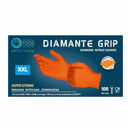 Global Food Hygiene Diamante Grip Nitrilhandschuhe Schwarz 100 Stück - Gr. XXL - 6 mil Extra Stark, Diamant-Textur, Puderfrei & Latexfrei, Mechanik, Detailing, Werkstatt, CE 2777 (Schwarz, XXL)