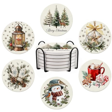 Christmas Beige Coasters for Drinks, Snowman Ceramic Coasters for Drinks, Set of 6 Drink Coasters with Metal Holder, Absorbent Round Non-Slip Drink Coffee Bar Mug Cup Coaster Chritmas Decoration Gifts