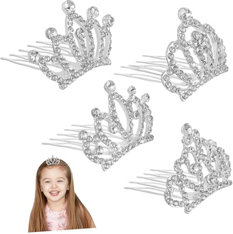 Healeved 4 pezzi Coroncine Tiara Argento con Pettine Accessori Capelli per Bambine Leggere e Resistenti per Feste Compleanno e Cerimonie