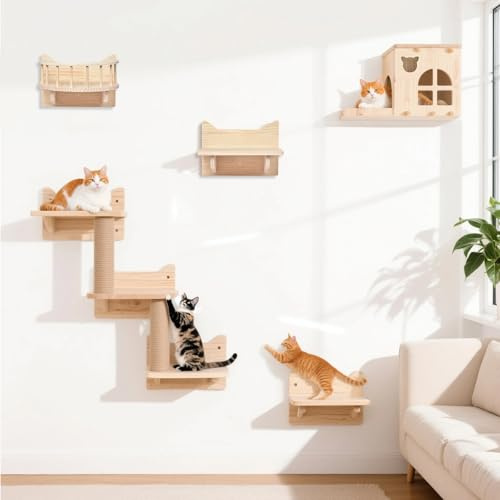Katzen Kletterwand Set Mit Klettergerüste, Ruheplattform, Sisalseiltreppe Und Wandmontiertes Katzenhaus, 5-teilig Hölzerne Katzenwandmöbel Zum Schlafen, Spielen Und Klettern