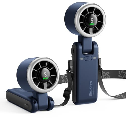 Diveblues Turbo Handventilator, 9m/s Hohe Geschwindigkeit, 5-stufiger Wind, Wiederaufladbarer Akku Mini Ventilator, 3-in-1 Hand&Hals& Tischventilator, bis zu 12 Stunden, für Reisen, Büro & Outdoor