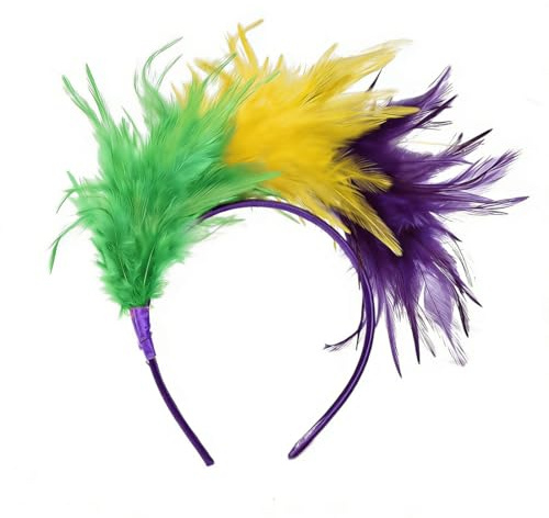 JYXNU Fascinator Haarreif Bunt, Regenbogen Feder Haarband Stirnband, Haarschmuck für Damen & Mädchen, Feder Haarschmuck Haarreif, Kopfschmuck zu Karneval, Fasching & Party(Lila, Gelb, Grün)