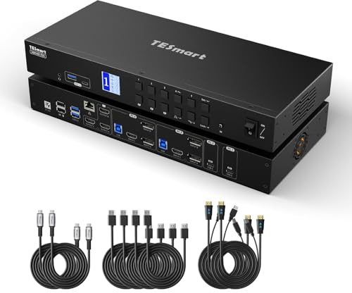 TESmart 4K@60Hz DisplayPort HDMI USB-C MST KVM Switch 4 Computer 3 Monitor, 2 Laptop 2 Desktop KVM Switch, USB 3.0 4 PC KVM Commutatore, EDID, Hotkey Switch, Gigabit Ethernet, cuffie, tutti i cavi di