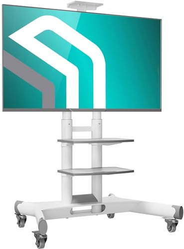 ONKRON TV Ständer rollbar 40-70, bis 45,5 kg, max VESA 600x400, TS1552-W | TV Rollwagen höhenverstellbar 1200-1500 mm, in Weiß, mit 2 Ablagen, feststellbare Rollen, Kabelmanagement; für Büro & Schule