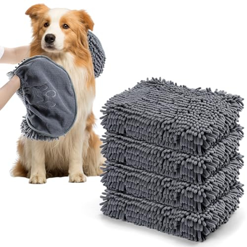 JTKDG 4 Pcs Microfibre Noodle/Chenille Towel, Super Absorbent, Quick Drying, Lightweight, with Handy Glove Compartments, 80x35cm (Grey)