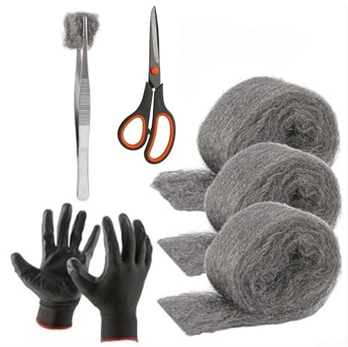 Steel Wool Filler, Chew Resistant Wire Wool Roll for Control, Proofing and Hole Blocker Strips, Barrier for Vents, and Plumbing, 3-Pack with Gloves and Scissors
