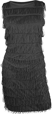 Black Flapper Dress - X-Large - Ladies Flapper Fancy Dress Costume with Fringing - Matching Sequin Headband and Feather - 1920s Charleston Dress