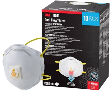 3M N95 Respirator 8511, 10 Pack, NIOSH-APPROVED N95, Features 3M COOL FLOW Exhalation Valve, Relief From Dusts & Certain Particles During Sanding, Pollen, Mold Spores, Dust Particles (8511DB1-A-PS)
