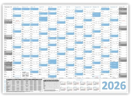 XXL Wandkalender Wandplaner 2026 hellblau (gerollt) DIN A0 Format (841 x 1189 mm) 14 Monate, komplette Jahresvorschau Folgejahr und Ferientermine Feiertage aller Bundesländer