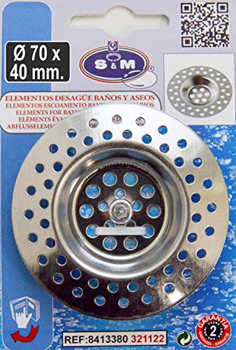 S & M Grille Acier inoxydable Grande d'écoulement de évier de cuisine et/ou bain avec poignée Ø 70 x 40 mm