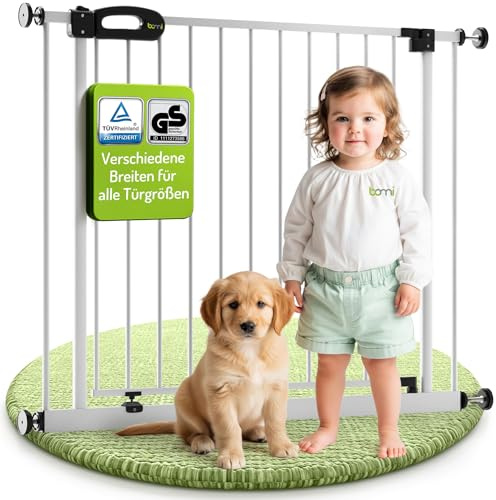 BOMI TÜV GS Siegel Babygitter Merle | Zum Klemmen | Schließt automatisch | Treppensicherung für Kinder in Weiß | Child Safety Gate in Extrabreite für Babys, Hunde und Katzen | Breite: 195-203 cm