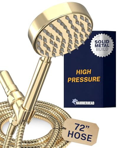 HammerHead Showers® Solid Metal Handheld Shower Head with Hose and Brass Holder - POLISHED BRASS - 2.5 GPM High Pressure Shower Heads with Adjustable Shower Wand Bracket - 6ft Flexible Extension